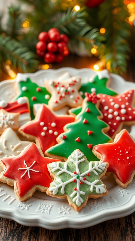 A festive platter of Christmas cookies decorated with icing and sprinkles in various shapes.